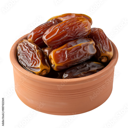 dates in a clay bowl isolated on white background