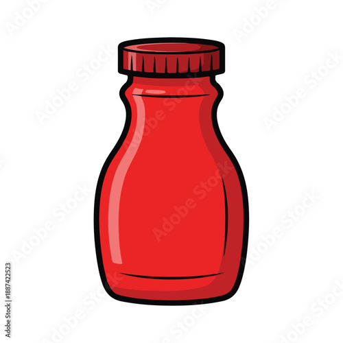 A cartoon-style illustration of a red bottle with a screw-top lid