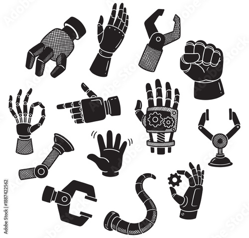 A collection of various robotic and human-like hands, mechanical grippers, and bionic arms in a doodle style illustration.