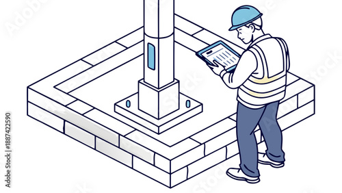 Civil engineer checking large square concrete pillar base using tablet at construction site, hard hat and safety vest using a tablet to inspect a large, 