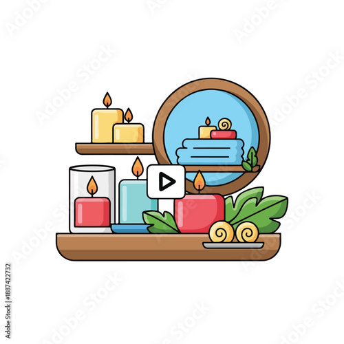 A cartoon-style illustration of a spa setup with candles