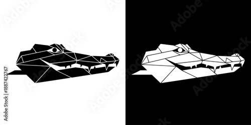Geometric illustrations of two shark faces in black and white polygonal style on