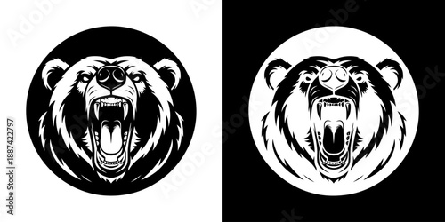 Two black and white bear head icons with open mouths on contrasting backgrounds.
