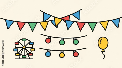 Colorful Party Flags and Balloons with Ferris Wheel Illustration