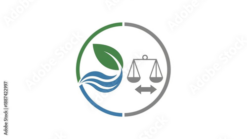 Green Leaf and Scales of Justice Symbol in Circle, Environmental Law Concept