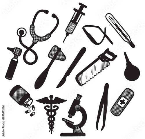 A collection of medical instruments and tools arranged in a circular pattern, symbolizing healthcare and science.