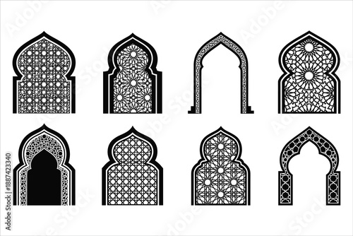 Arabic arch doors in traditional Islamic style vector silhouettes