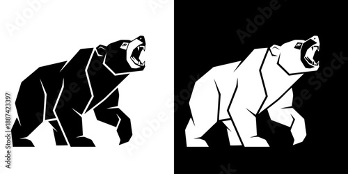 Graphic illustration of a roaring bear in black and white silhouette against contrasting