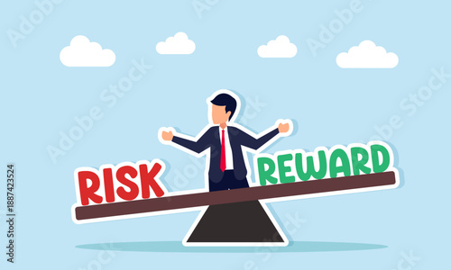 Businessman behind a seesaw with risk and reward sides illustrating decision making between taking risk or reward in business