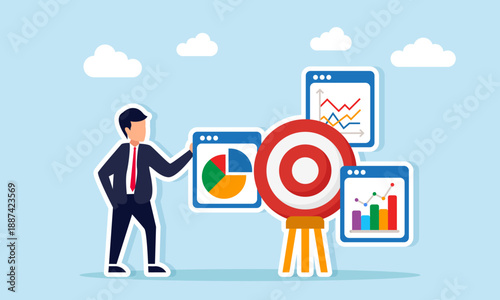 Businessman standing near target board surrounded by app interfaces with charts illustrating business target monitoring evaluation and analysis