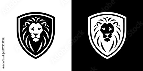 Black and white lion head logos with shield on light and dark backgrounds.