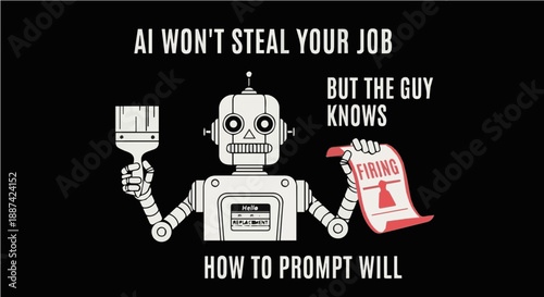 AI Won't Steal Your Job But the Guy Who Knows How To Prompt Will - Sarcastic AI and Automation Social Commentary Graphic Illustration