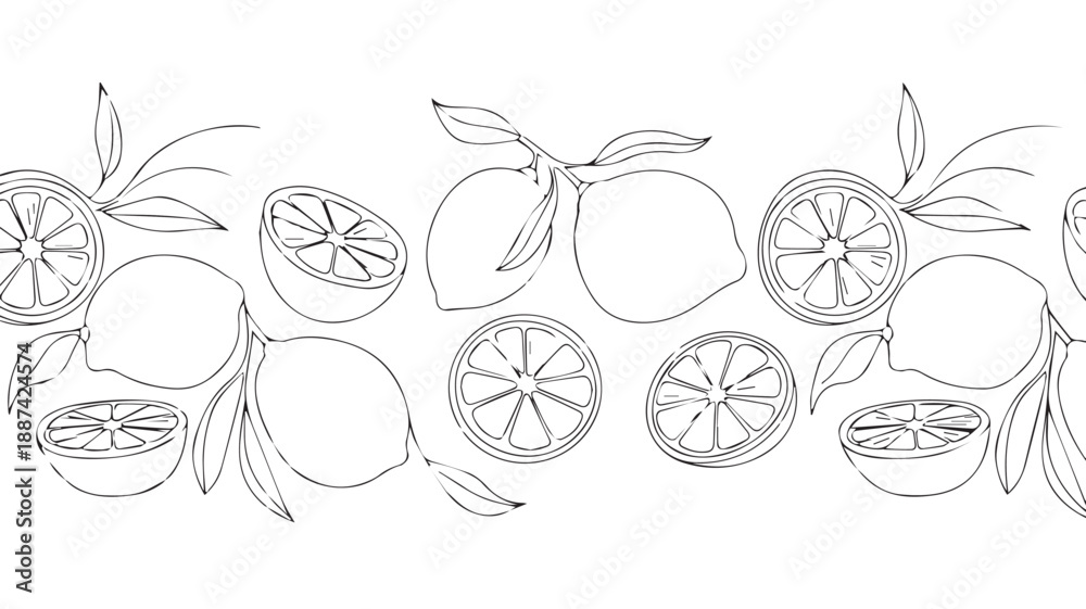 Fototapeta premium Seamless border pattern of line art lemons and leaves in black and white, perfect for design and illustration projects
