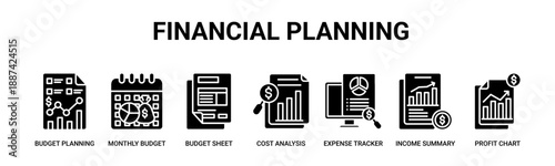 Financial Planning web banner icon vector illustration concept with icon of budget planning, monthly budget, budget sheet, cost analysis, expense tracker, income summary, profit chart. 