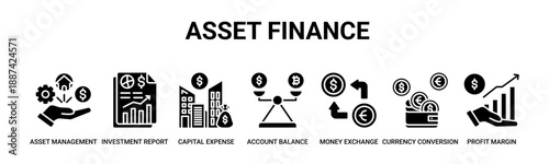 Asset Finance web banner icon vector illustration concept with icon of asset management, investment report, capital expense, account balance, money exchange, currency conversion, profit margin.