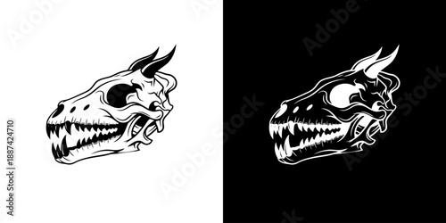 Side view illustrations of a dinosaur skull in black and white on contrasting backgrounds.