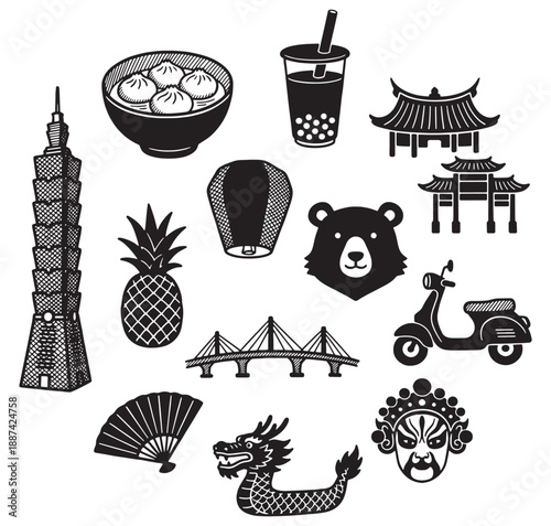 Collection of iconic symbols and landmarks representing Asian culture and travel destinations.