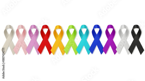 Colorful awareness ribbons for various causes and charities on white background