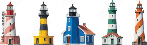 Colorful lighthouse buildings collection with different architectural styles, coastal navigation landmarks, isolated white background, maritime safety illustration set