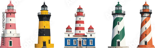 Colorful lighthouse buildings collection with different architectural styles, coastal navigation landmarks, isolated white background, maritime safety illustration set