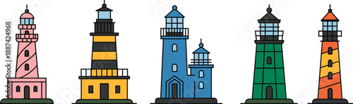 Colorful lighthouse buildings collection with different architectural styles, coastal navigation landmarks, isolated white background, maritime safety illustration set