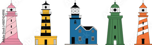Colorful lighthouse buildings collection with different architectural styles, coastal navigation landmarks, isolated white background, maritime safety illustration set