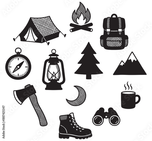 Collection of hand-drawn camping and outdoor adventure icons, including a tent, campfire, backpack, compass, lantern, axe, boot, binoculars, moon, tree, and mountains.