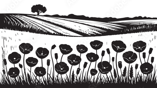 Striking monochrome illustration capturing the serene beauty of a poppy meadow leading to a peaceful rural landscape with a distant tree and tilled fields under an open sky