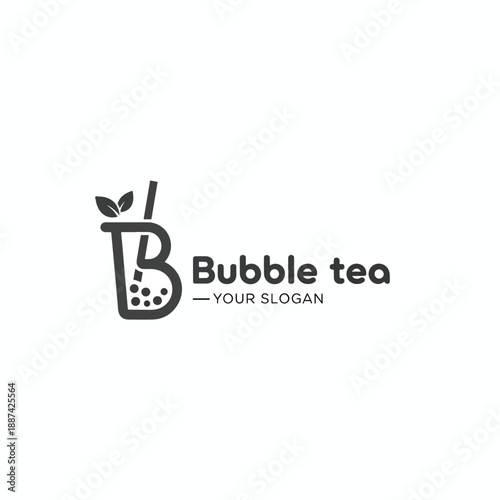 Minimalist bubble tea logo vector illustration with stylish letter B and leaves for beverage branding design concept