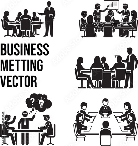 A professional vector icon set featuring business people silhouettes and stick figure pictograms sitting at an office table or restaurant chair for a work meeting or group dinner illustration.