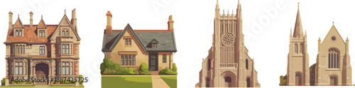 European architectural buildings collection with historic townhouse, residential house, traditional churches, isolated white background, classic architecture styles illustration