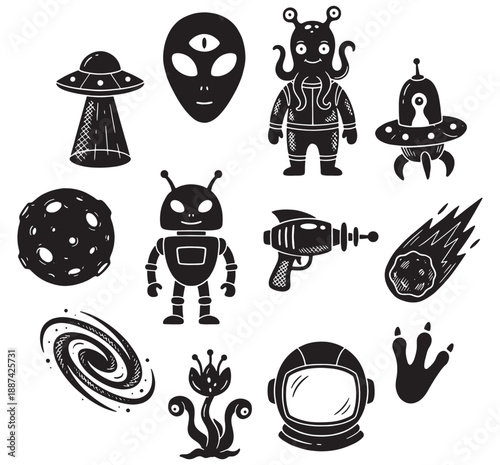 Collection of cartoon-style illustrations of aliens, spaceships, and other cosmic elements.