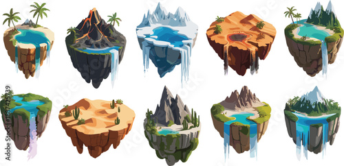 Fantasy floating islands collection with waterfalls, volcanoes, deserts, mountains and tropical landscapes isolated on white background illustration set