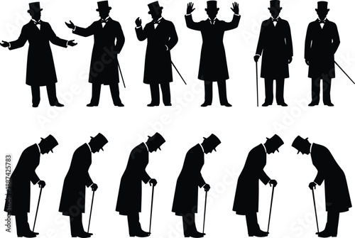 Vintage gentleman silhouette set showing walking bowing greeting poses with cane hat Victorian style isolated illustration black vector collection design