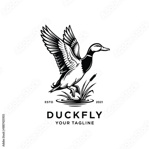 Stylized mallard taking flight over calm water, a classic nature emblem vector