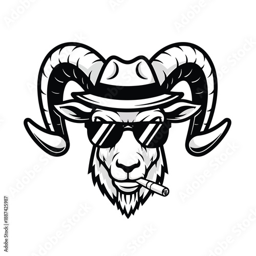 Cool Ram Character Illustration: Stylish Bighorn Sheep in Fedora, Sunglasses, and Cigar