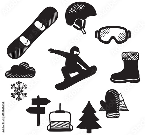Collection of winter sports icons including a snowboarder, snowboard, helmet, goggles, boots, mittens, ski lift, snowflake, cloud, signpost, and Christmas tree.