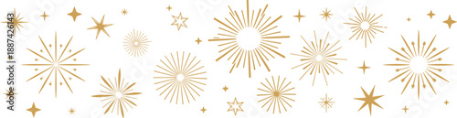 Golden starburst and sunburst decorative elements set isolated on white background, luxury abstract celebration design symbols collection