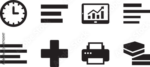 Minimalist black vector business icon set featuring office tools, data charts, and utility symbols.