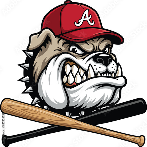 Aggressive bulldog baseball mascot illustration with crossed bats wearing red cap, fierce sports logo design for team branding, apparel, stickers, and merchandise