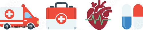 Medical healthcare icons set with ambulance, first aid kit, heart monitor, medicine capsule, isolated white background, flat vector illustration