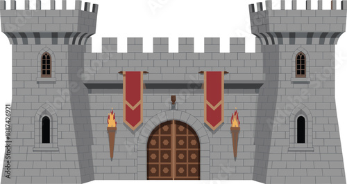 Medieval stone castle fortress with towers, banners, wooden gate, isolated white background, historic royal architecture, detailed realistic 3d render