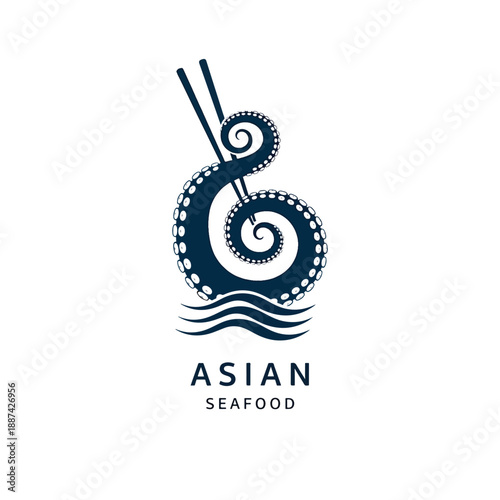 Stylized Asian Seafood Restaurant Logo with Octopus Tentacle and Chopsticks Graphic
