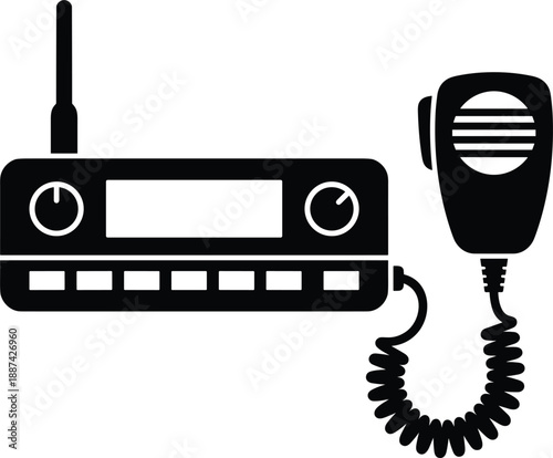 Black silhouette radio communication device with handheld microphone, two way radio transceiver icon, emergency broadcast equipment symbol isolated on white background