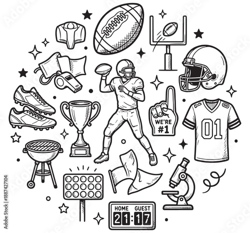 Collection of American Football elements and equipment arranged in a circular pattern, hand-drawn style.