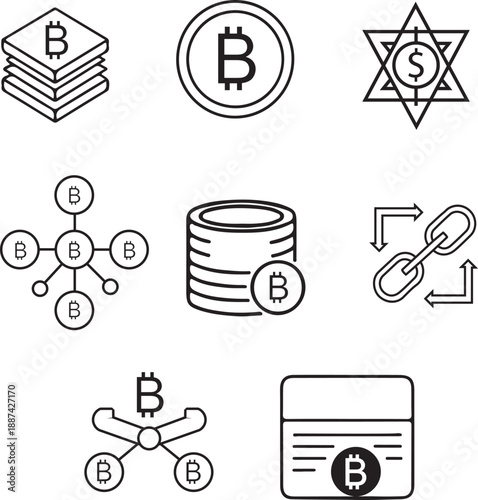 Bitcoin and cryptocurrency line icon set, digital wallet, blockchain technology, and decentralized finance symbols