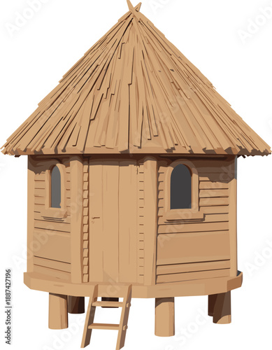 Rustic wooden hut on stilts with thatched roof, isolated white background, traditional village architecture, detailed realistic 3d render illustration design