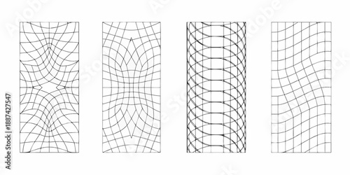 Four panels depicting warped grid patterns with varying wave formations