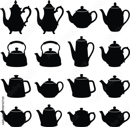 Collection of black teapot and kettle silhouettes set isolated on white background, featuring various classic teaware shapes for kitchen, tea, coffee, and design concepts