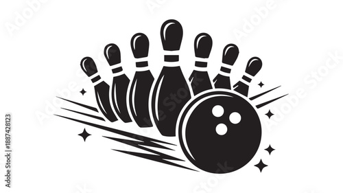 A bold black and white logo-style illustration of bowling pins and a bowling ball with dynamic starbursts and lines, perfect for sports or game-related designs